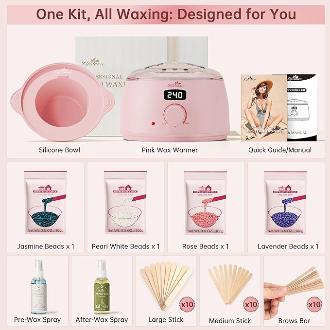Lifestance Waxing Kit for Women & Men - Pink L2 Digital Warmer, Silicone Wax Pot Liner, Hair Removal Kit with 14.1oz Hard Wax Beads & Oil Spray, Professional for Home Brazilian Bikini Face Leg Body