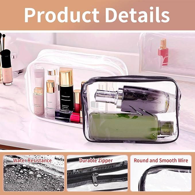 24 PCS Clear Makeup Bag with Zipper, Waterproof Transparent Toiletry Bag Organizer, PVC Portable Cosmetic Bags for Women Men Traveling Vacation Bathroom Home (Black)