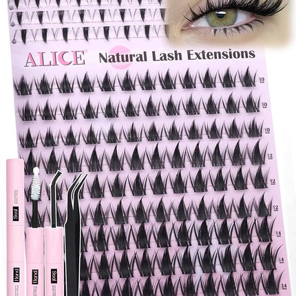 ALICE Manga Lash Clusters Kit Clear Band Natural Lash Extensions Kit 5-14mm Wispy Cluster Eyelash Extension Kit DIY Invisible Band Individual Cluster Lashes with Spiky Bottom Lashes Bond and Seal