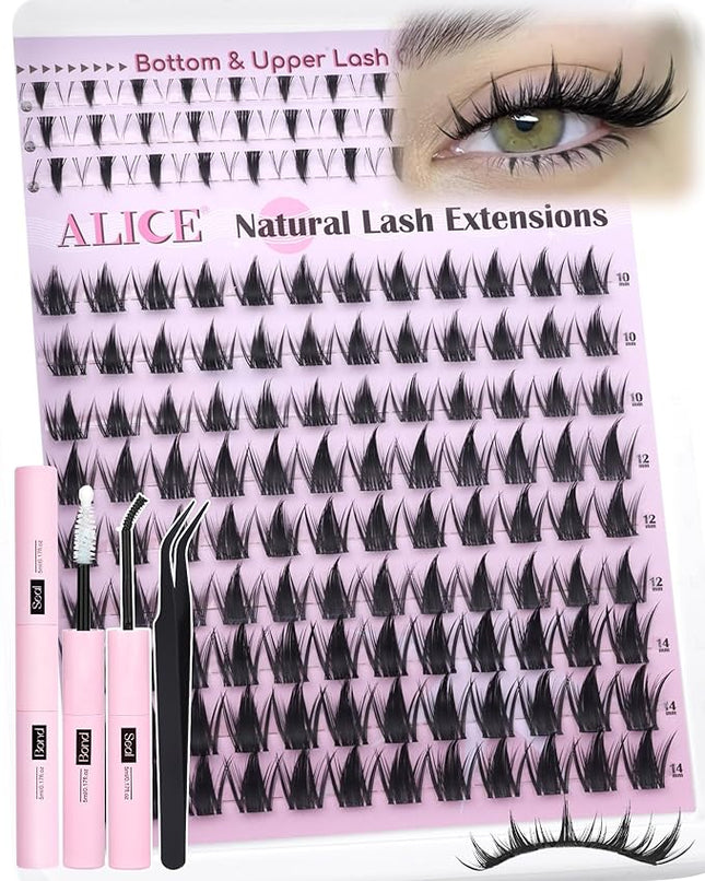 ALICE Manga Lash Clusters Kit Clear Band Natural Lash Extensions Kit 5-14mm Wispy Cluster Eyelash Extension Kit DIY Invisible Band Individual Cluster Lashes with Spiky Bottom Lashes Bond and Seal