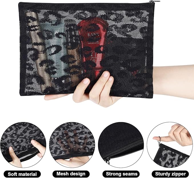 12 Pieces Zipper Nylon Mesh Pouch, Mesh Cosmetic Bags Makeup Bags Pencil Case, Multipurpose Travel Bags for Cosmetic School Office Supplies and Travel Accessories (Black Lace, A5)