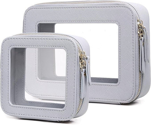 Pinkmik Clear Makeup Bag Waterproof Travel Case for Cosmetics and Toiletries Women's Purse Organizer and Clear Car Bag with Zipper (Gray, M+MINI)