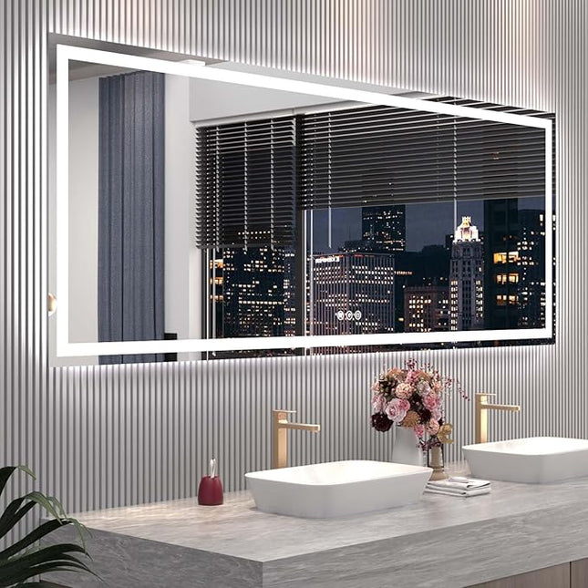 84"X32" LED Bathroom Mirror with Front Lights and Backlit, Anti-Fog, Dimmable, Shatter-Proof Tempered Glass, Lighted Bathroom Vanity Mirror for Wall with 3 Colors, Memory Function