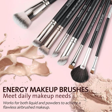 ENERGY Makeup Brush Set - 8PCS Professional Makeup Brushes for Foundation, Concealer, Eyeshadow, Blending, Contour, Powder, Eyeliner, Vegan Synthetic Fiber, Portable Travel Kit with Case (Black)