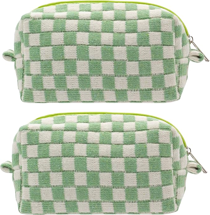 PAZIMIIK Checkered Makeup Bag for Purse Portable Zipper Make Up Pouch Small Cosmetic Case for Travel Accessories (2PCS Light Green)