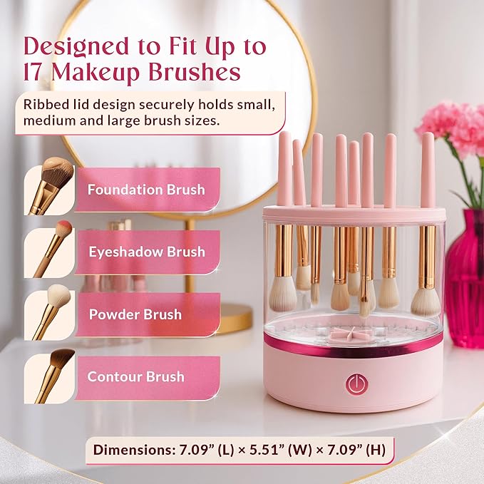 360° Electric Makeup Brush Cleaner – Makeup Brush Cleaner Machine Holds 17 Brushes, Dual Spin, Portable Compact Design for Travel & Home Use, Perfect for Makeup Lovers & Professionals