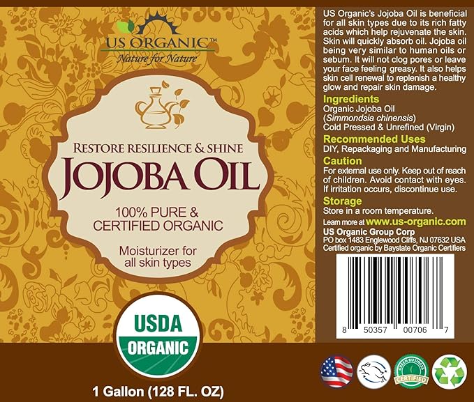 US Organic Jojoba Oil, USDA Certified Organic,100% Pure & Natural, Cold Pressed Virgin, Unrefined, Haxane Free, Sourced from Middle East, Size for DIY and Small Manufacturers (128 oz (1 Gallon))