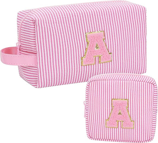MONSTINA Initial Makeup Bag Set for Girls&Women,Personalized Make Up Case for Girlfriend Graduation Teacher Gifts,Cute Toiletry Bag Preppy Chenille Letter Patch,Pink A