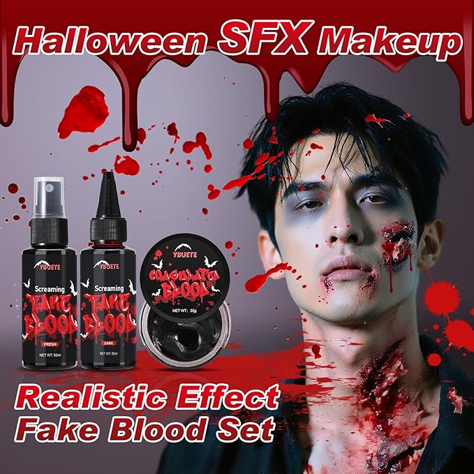 Halloween Fake Blood Makeup Kit, Realistic Washable SFX Makeup Kit with Fake Blood Spray Dripping Blood and Coagulated Gel Blood for Halloween Face Paint Zombie Monster Mouth Clothes Dress Up