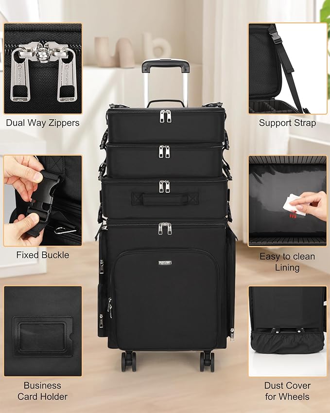 Relavel Rolling Makeup Case, 4 in 1 Hairstylist Traveling Bag Cosmetology Case on Wheels Large Hair Tools Cosmetics Train Case Makeup Artist Storage Organizer Trolley Suitcase with 360° Swivel Wheels