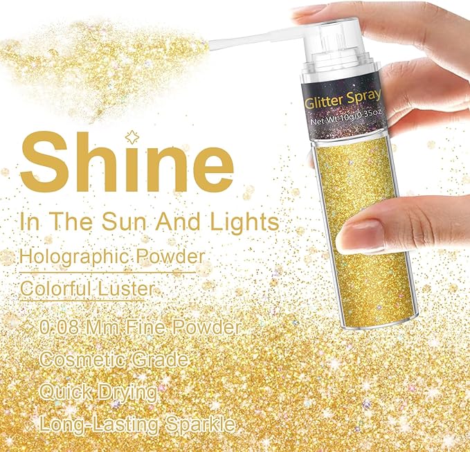 Hair and Body Glitter Spray, 1PC Hair Glitter Extra Fine Face Shimmer Powder for Clothes, Festival Loose Sparkle Powder for Rave Clothes Nail Art Easter Halloween Crafts (Sparkling Gold)