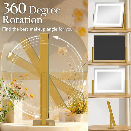 ROLOVE Gold Vanity Mirror with Lights 14x11 Inch, Lighted Makeup Mirror, Smart Touch 3 Colors Dimmable, 10X Magnification, Dresser Mount, Modern Style