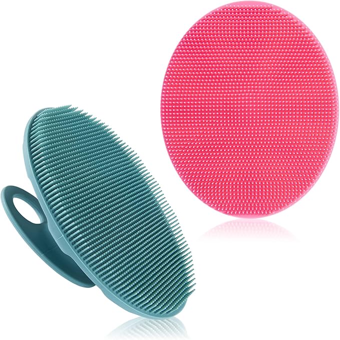 Soft Silicone Body Cleansing Brush Shower Scrubber, Gentle Exfoliating and Massage for All Kinds of Skin (Pink+Dark Green)