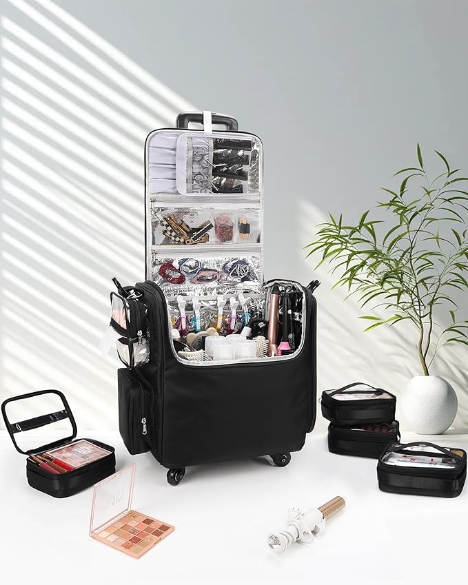 Relavel Rolling Makeup Train Case with 6 Pcs Clear Makeup Bags, Hairstylist Traveling Bag with 4 Wheels, Heat Insulation Full Layer, Adjustable Dividers, Hair Tools and Cosmetics Storage Organizer