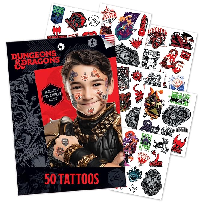 Savvi - 50 Dungeons & Dragons Temporary Tattoos: Skin-Safe Ink, Great for Birthday Parties and Game Nights, Boys and Girls Ages 4-12+, Made in the USA [6 sheets, 50 count]