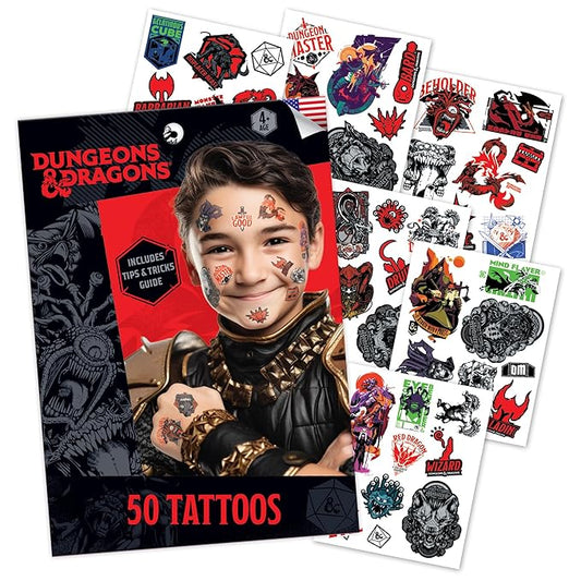 Savvi - 50 Dungeons & Dragons Temporary Tattoos: Skin-Safe Ink, Great for Birthday Parties and Game Nights, Boys and Girls Ages 4-12+, Made in the USA [6 sheets, 50 count]