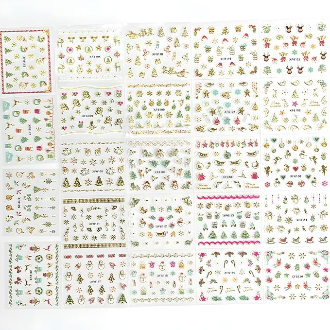 24 Sheets Christmas Nail Art Stickers Gold Snowflake Nail Decals 3D Self- Adhesive Pegatinas Uñas Snowman Elk Christmas Trees Nails Nail Supplies Nail Art Design Decoration Accessories for Women and G