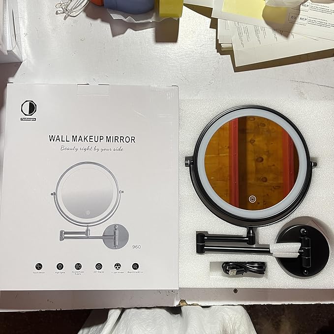 9" Large Black Wall Mount Magnifying Mirror With Light, TUSHENGTU 3000mAh Rechargeable Lighted Makeup Vanity Mirror Wall Mounted Swing Arm,10X/1X Magnifying Vanity Mirror for Bathroom 360°Double Sided