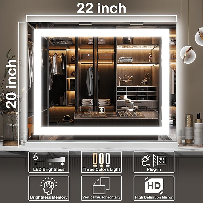 FENNIO 22" x 20" Vanity Mirror with Lights，LED Makeup Mirror，Hollywood Mirror with 3 Color Modes & Adjustable Brightness，Vanity Mirror Square White