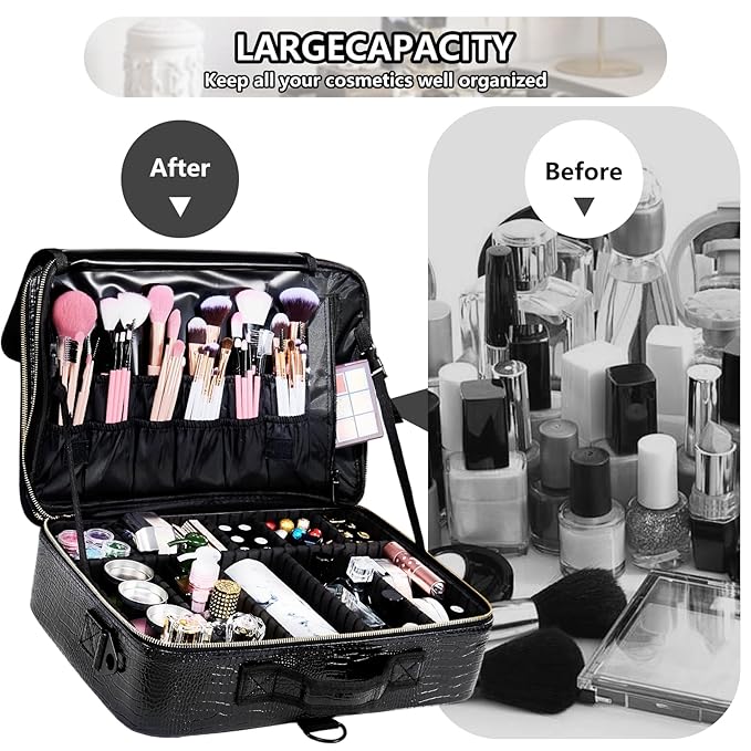 gzcz Travel Makeup Case 16" Large Cosmetic Bag Organizer Professional Portable PU Leather Makeup Storage Case Artist Box with Adiustable Dividers & Strap (L-Crocodile Pattern)