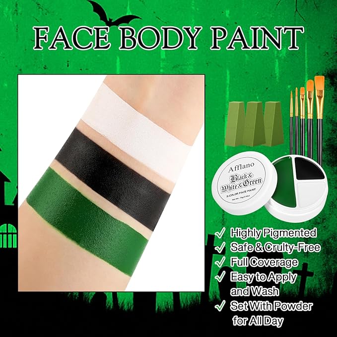 Black White Green Face Body Paint, Halloween Wicked Witch Green Makeup Kit (3 Sponges + 5 Brushes), 9 Pcs Oil Based Non Toxic green Face Painting Kit for Hulk, SFX, Hunting, Zombie, Costume, Cosplay