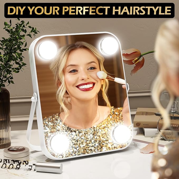 Hollywood Vanity Mirror with Dimmable LED Lighting, Smart Touch Control & U-Shaped Bracket - Portable Tabletop Makeup Mirror for Travel, Home (White)