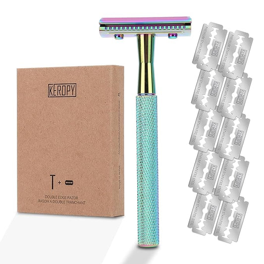 Safety Razor For Man With 10 Premium Stainless Steel Razor Blade Reusable Single Blade Razors For Men and Women, Double Edge Razor, Rainbow