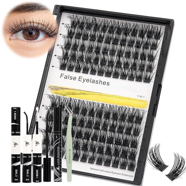 Bodermincer 120 Clusters 10mm+12mm/12mm+14mm/14mm+16mm Mixed Wide Cluster False Eyelash Individual Cluster EyeLashes Grafting Fake False Eyelashes Eyelash Extension (KIT M01 Black 16mm+18mm Mixed)