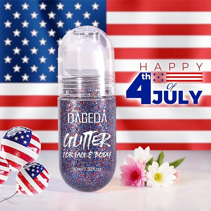 DAGEDA Red White and Blue Body Glitter Gel, Roll-on Face Glitter for USA Pride Day, 4th of July Women Costume Accessories,Patriotic Glitters President's Day, Holographic Festival Makeup