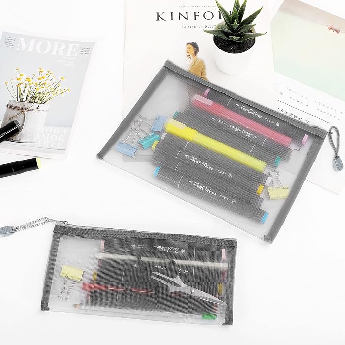 12 Pieces Zipper Nylon Mesh Pouch, Mesh Cosmetic Bags Makeup Bags Pencil Case, Multipurpose Travel Bags for Cosmetic School Office Supplies and Travel Accessories (Grey, A5) (WB06)