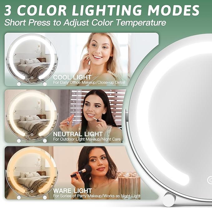 Vanity Mirror with Lights, 12 Inch Light Up Makeup Mirror, LED Makeup Mirror with Lights for Bedroom Tabletop, Smart Touch Control 3 Colors Dimmable, 360° Rotation, White