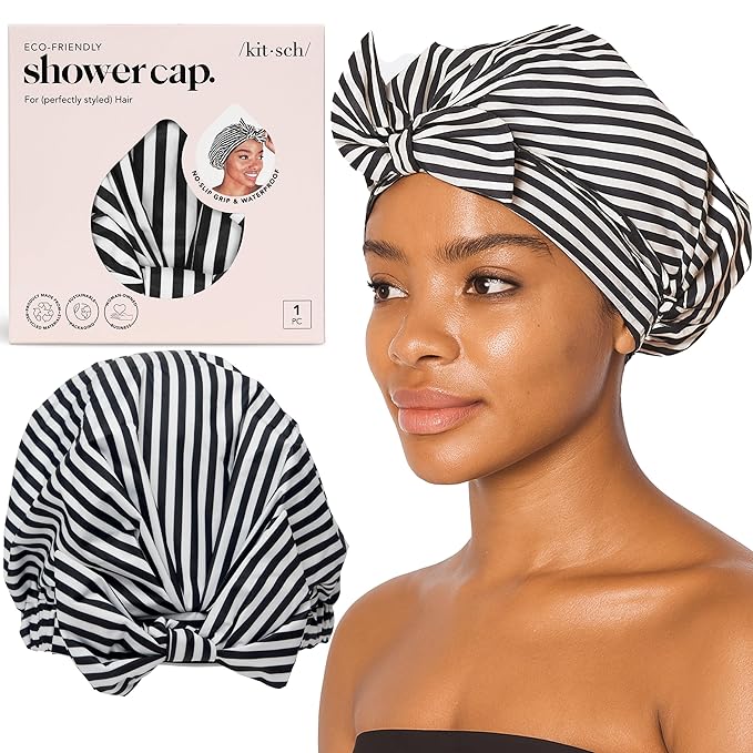 Kitsch Luxury Shower Caps for Women Reusable Waterproof - Large Shower Cap for Women and Men, Non-slip, Quick-dry Hair Cap for Long & Short Hair, Comfortable and Stylish Design - Stripe