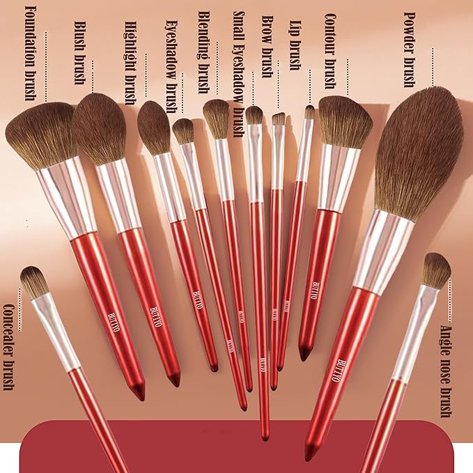 Makeup Brushes Set BUTIYO Synthetic Foundation Powder Concealers Eye shadows Blush Makeup Brushes with red 12 pcs (FB021)