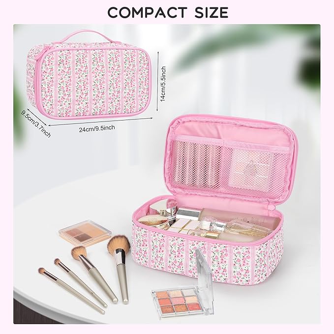 Relavel Cute Makeup Bag for Girls, Portable Pink Cosmetic Bag, Dual-layer Makeup Pouch with Brush Holder, Multi-Functional Preppy Toiletry Organizer for Travel, Daily Use - Pink Flower