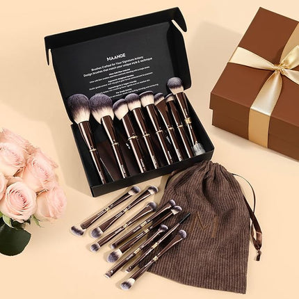 MAANGE Makeup Brushes 16Pcs Professional Foundation Powder Blush Contour Eyeshadows Double-End Makeup Brushes Set with Bag and Gift Box-CoffeeBrown