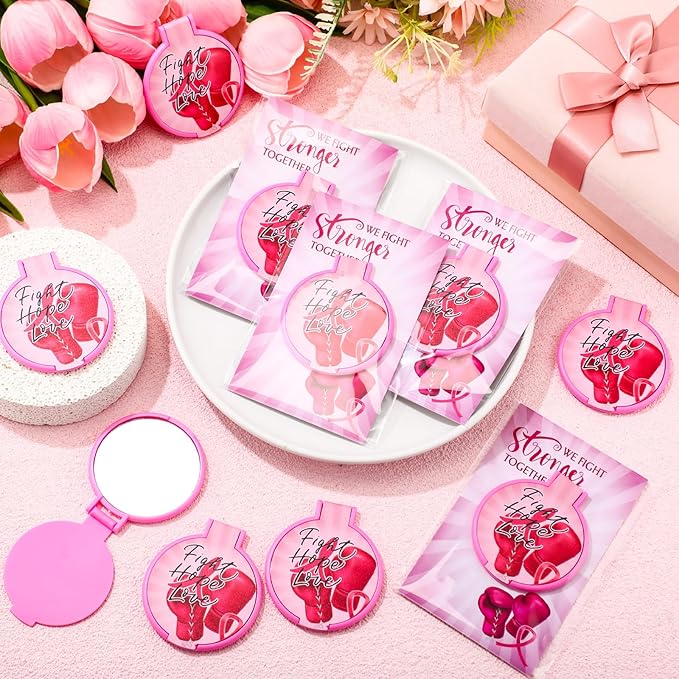 60 Sets Breast Cancer Awareness Gifts for Women Inspirational Folding Pocket Round Compact Mirrors with Motivational Cards Pink Ribbon Boxing Gloves Breast Cancer Survivor Gifts