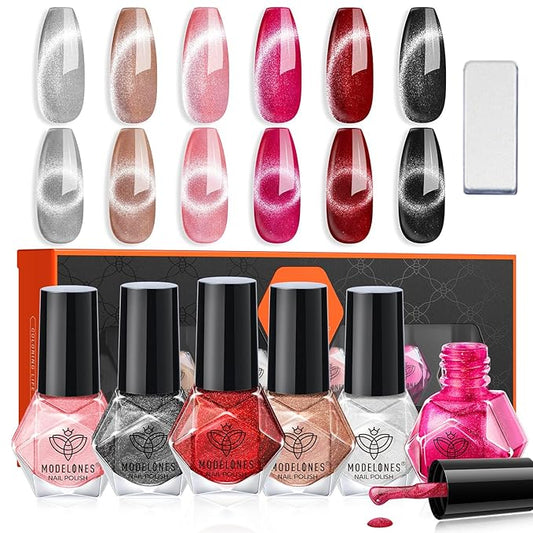 modelones Cat Eye Nail Polish Set, 6 Colors Magnet Dark Red Black Pink Shimmer Glitter Quick Dry Nail Polish Set Bulk Manicure Diy Nail Art Salon Home Gift for Women Girl