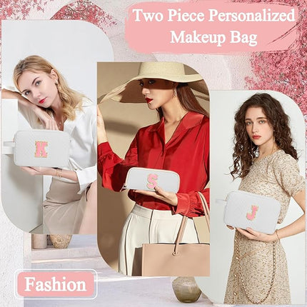 Personalized Initial Makeup Bag Trendy Stuff Leather Waterproof Cosmetic Bag Travel Toiletry Bag, Makeup Organizer Case Mother's Day/Birthday/Graduation Gifts for Women Girls Mom Girlfriend White.