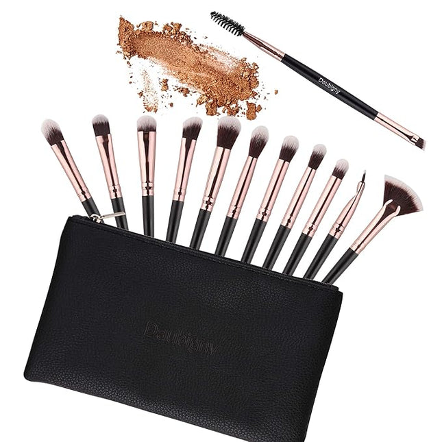 Daubigny Eye Makeup Brushes, 12 PCS Professional Eye shadow, Concealer, Eyebrow, Foundation, Powder Liquid Cream Blending Brushes Set With Carrying Bag (Black)