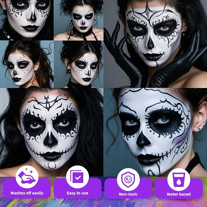 2Pcs Face Body Paint, Professional Paint for Halloween Cosplay Costume Party, Full-coverage Multi-Color Cream Makeup Body Paint for Adults Halloween Cosplay SFX Makeup Paint (White+Black)