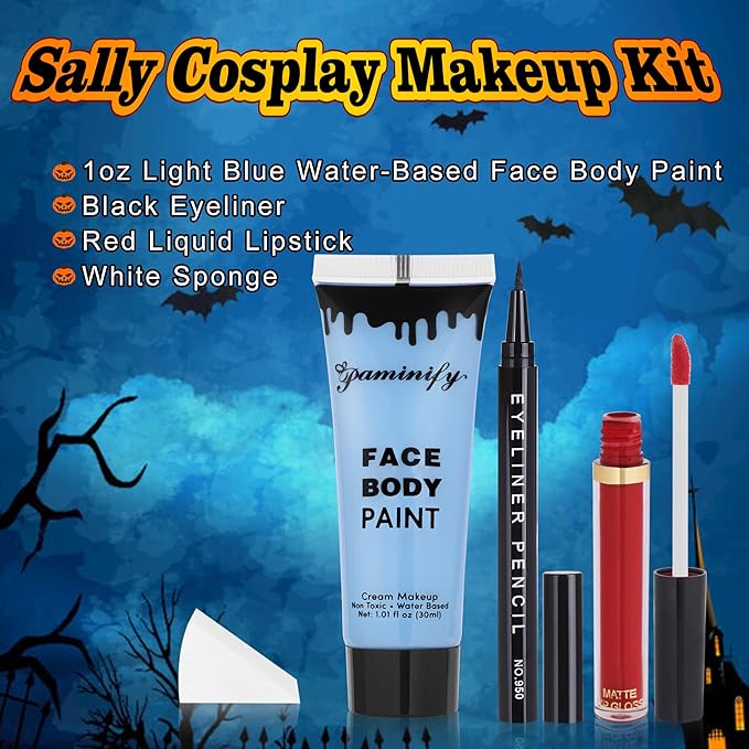 Sally Makeup Kit,Corpse Bride Halloween Makeup Kit,Water Based Light Blue Face Body Paint+Black Eyeliner+Red Lipstick+Sponge,Baby Blue Face Painting Kit for Sally Costume Cosplay