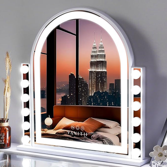VANITII Hollywood Vanity Mirror with Light Strip and 12 Bulbs 18.1"x23.4" LED Arched Makeup Mirror with 3 Color Modes Lighted Makeup Mirror with 10X Magnification for Dressing Room