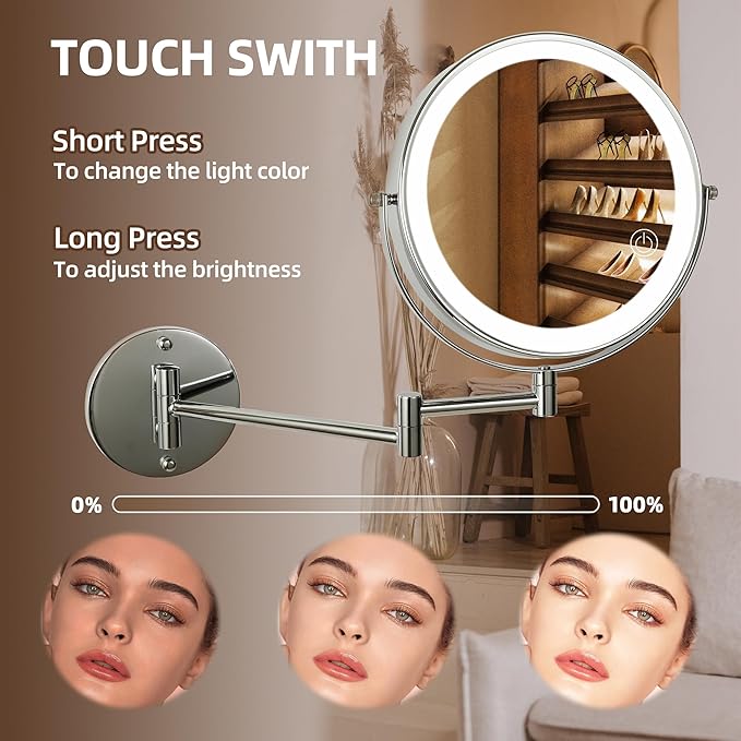 8" Wall Mounted Lighted Makeup Mirror with Magnification, 1X/10X Magnifying Mirror with Light, 3 Color Lights, Extendable Double Sided 360° Swivel Bathroom Mirror Type-C Rechargeable (Silver)