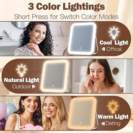 ROLOVE Travel Makeup Mirror with Lights, 8x10 Inch Aluminum LED Vanity Mirror, Rechargeable Portable Mirror for Desk & Travel Essentials, Light Up Mirror with Stand, Dimmable Touch Screen