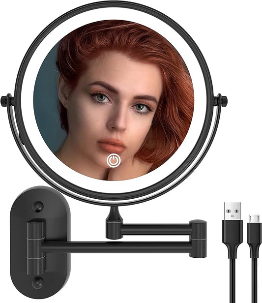 Ruacq Rechargeable Makeup Mirror Matte Black Double Sided Vanity Mirror with Lights Round 1x/10x Magnification 8 Inch Led Magnifying Mirror Stainless Steel and Zinc Alloy Modern Wall Mounted