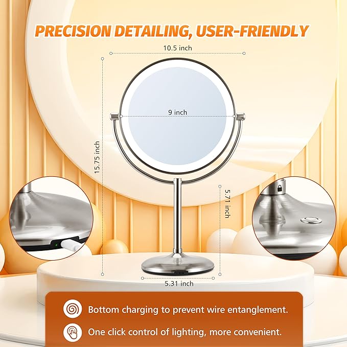 Lighted Makeup Mirror with Magnification: 1X/10X Magnifying Vanity Mirror with 3 Color Dimmable Light, 9" Large Rechargeable Standing Desk Mirror, Base Touch & Base Charging Port, Touch Sensor, Nickel