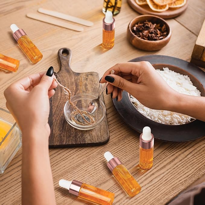 100 Pcs Mini Glass Oil Dropper Bottle Bulk, Clear Essential Small Empty Bottles Sample Containers Perfume Liquid Vials with Cap for Traveling (5 ml,Rose Gold)