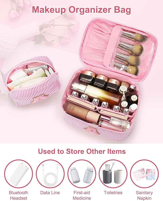 Initial Makeup Bag Cosmetic Bag Bridal Shower Gifts - Bridesmaid Bag,Bridesmaid Proposal Gifts for Wedding Day,Maid Matron of Honor Gift, Bride to be Gifts,Bachelorette Party Favors,Pink T