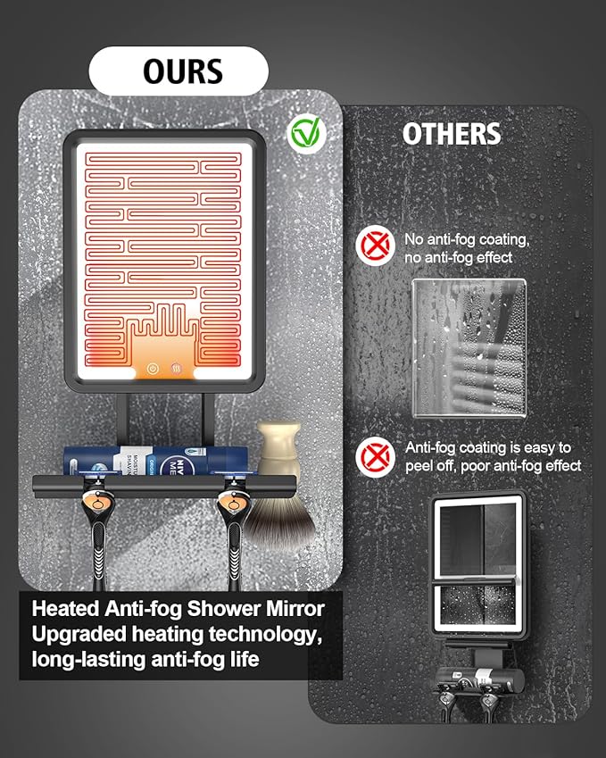 Lighted Shower Mirror Fogless for Shaving, Heated Fogless Shower Mirror with 3 Colors Stepless Dimmable Lights, Rechargeable Adjustable Shaving Mirror with Razor Stand, Brush Holder for Men