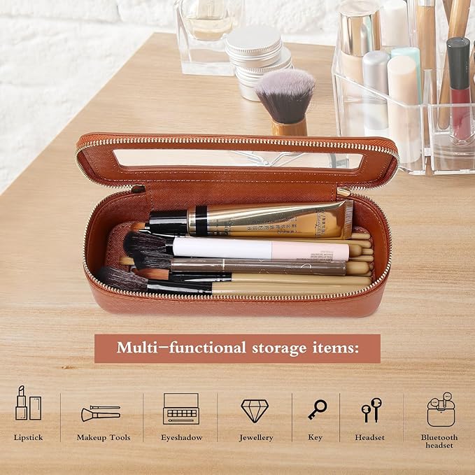 Pinkmik Makeup Brush Bag Slim Clear Makeup Bag Transparent Travel Cosmetic Case & Toiletry Bag with Zipper Small Beatuy Makeup Bag Purse Organizer for Women (X/Brown, SLIM)